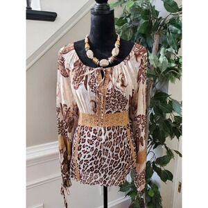 American Angel Women's Beige & Brown Rayon Round Neck Long Sleeve Top Blouse 1X